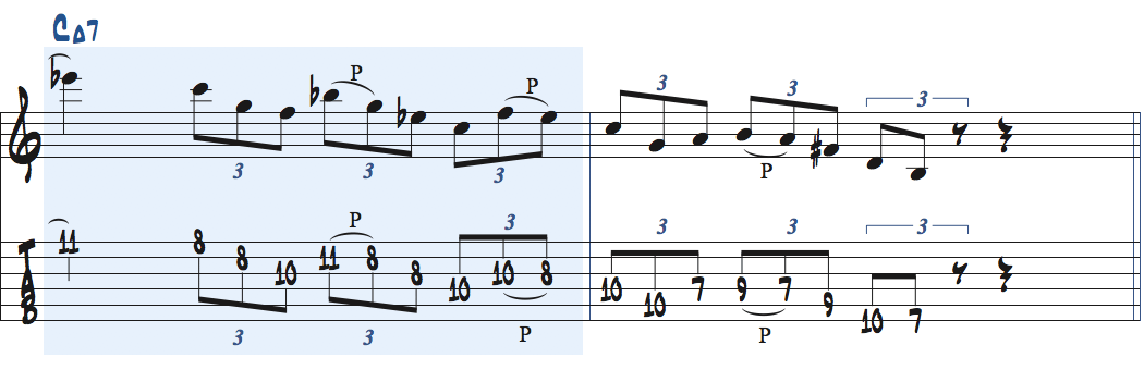 半音上のスケールを使ったCMa7コード上でのアドリブ例楽譜ページ2