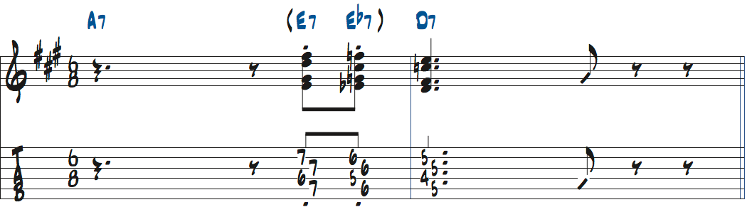 D7へ半音下降でアプローチするジョシュ・スミスのクロマチック楽譜