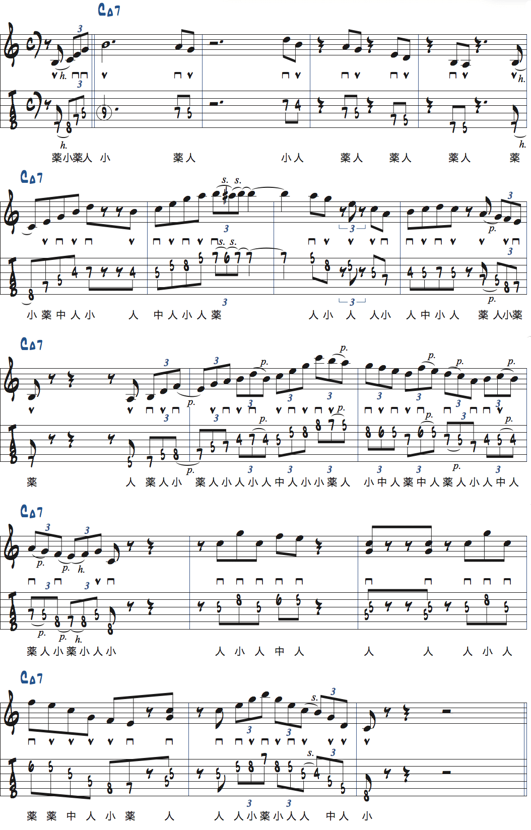 リックを使ったCMa7コード上でのアドリブ例楽譜