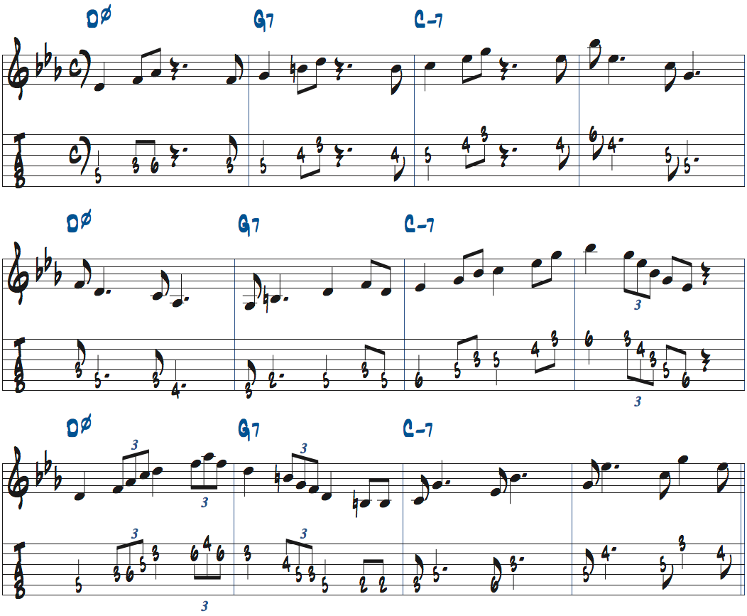 3つのリズムパターンを使ったDm7(b5)-G7-Cm7でのコードトーンアドリブ例楽譜