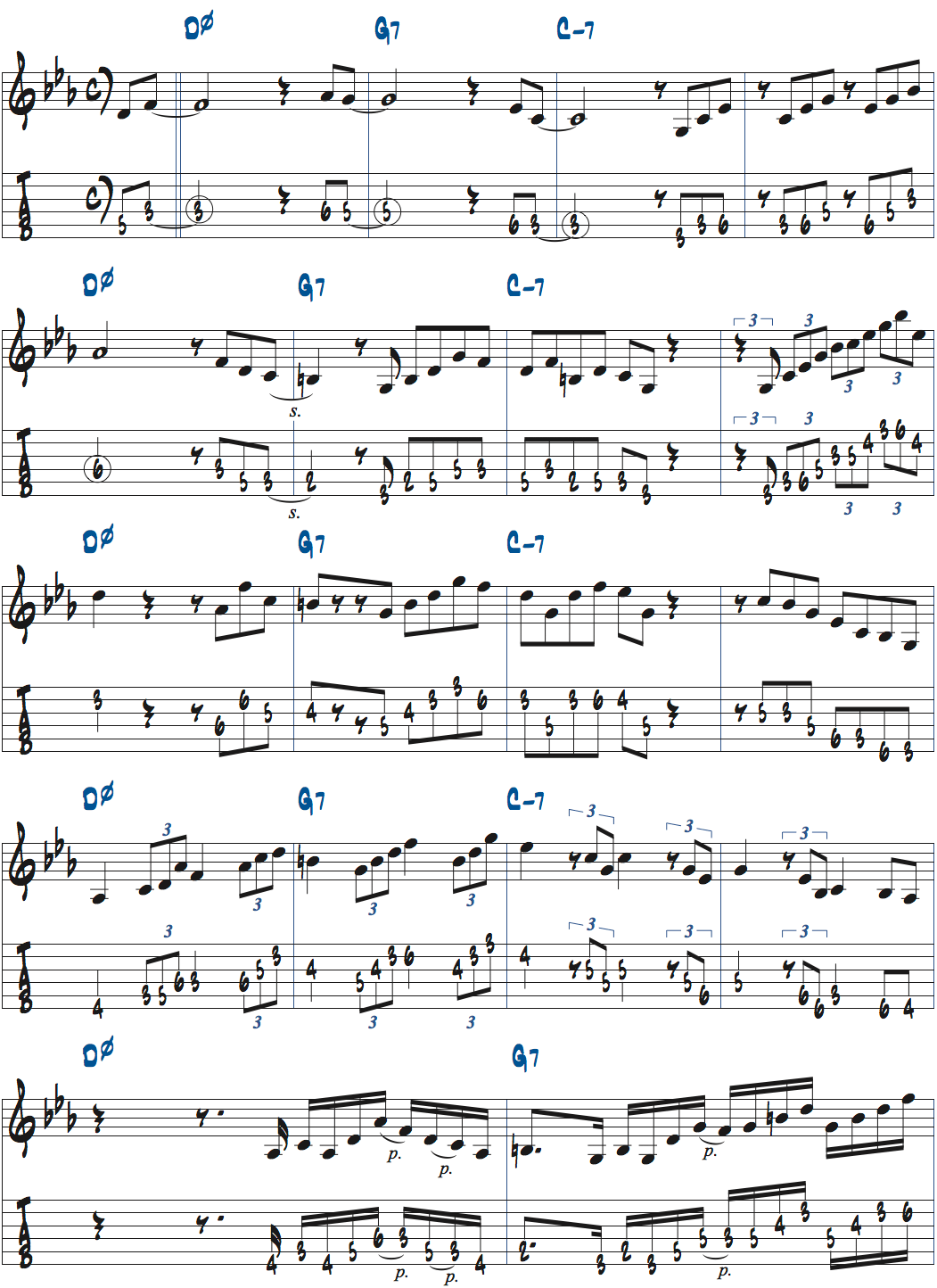 さまざまなリズムパターンを使ったDm7(b5)-G7-Cm7でのコードトーンアドリブ例ページ1楽譜