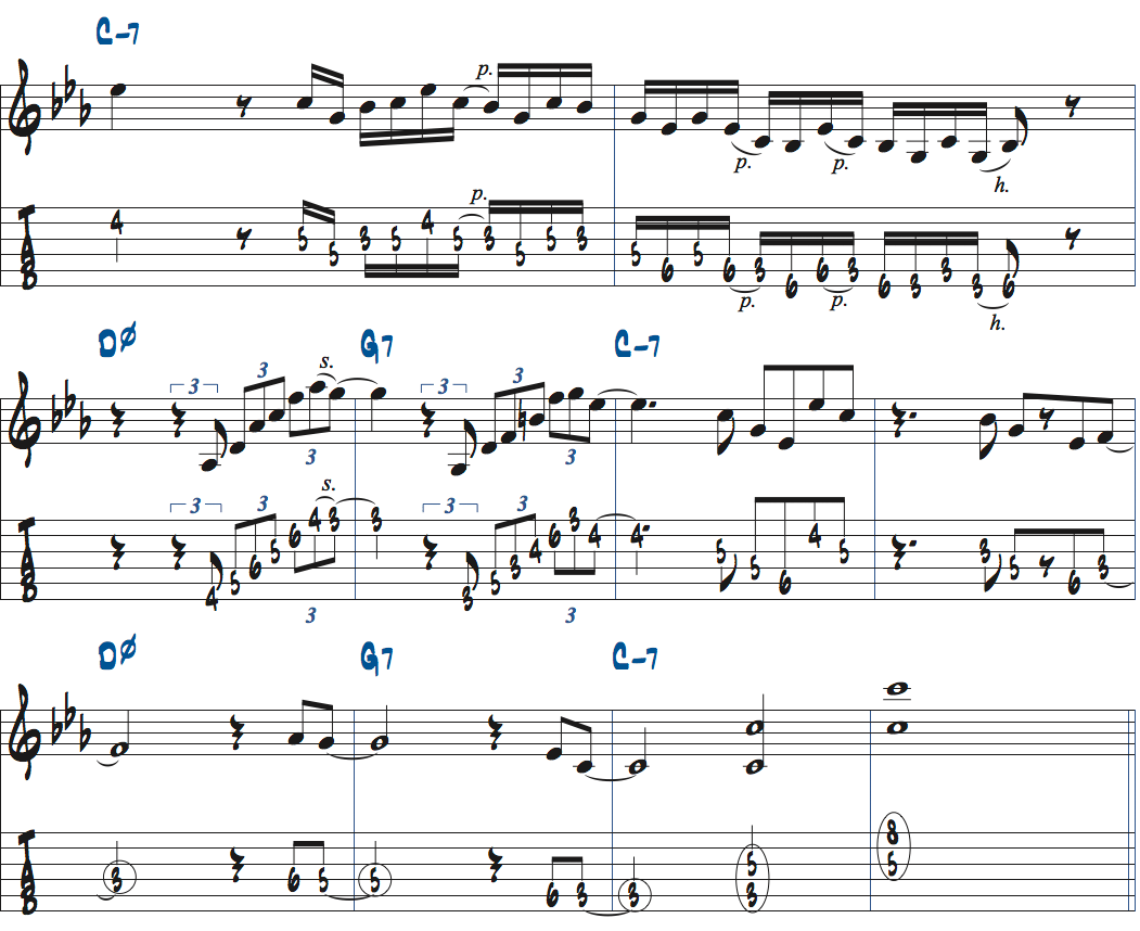 さまざまなリズムパターンを使ったDm7(b5)-G7-Cm7でのコードトーンアドリブ例ページ2楽譜