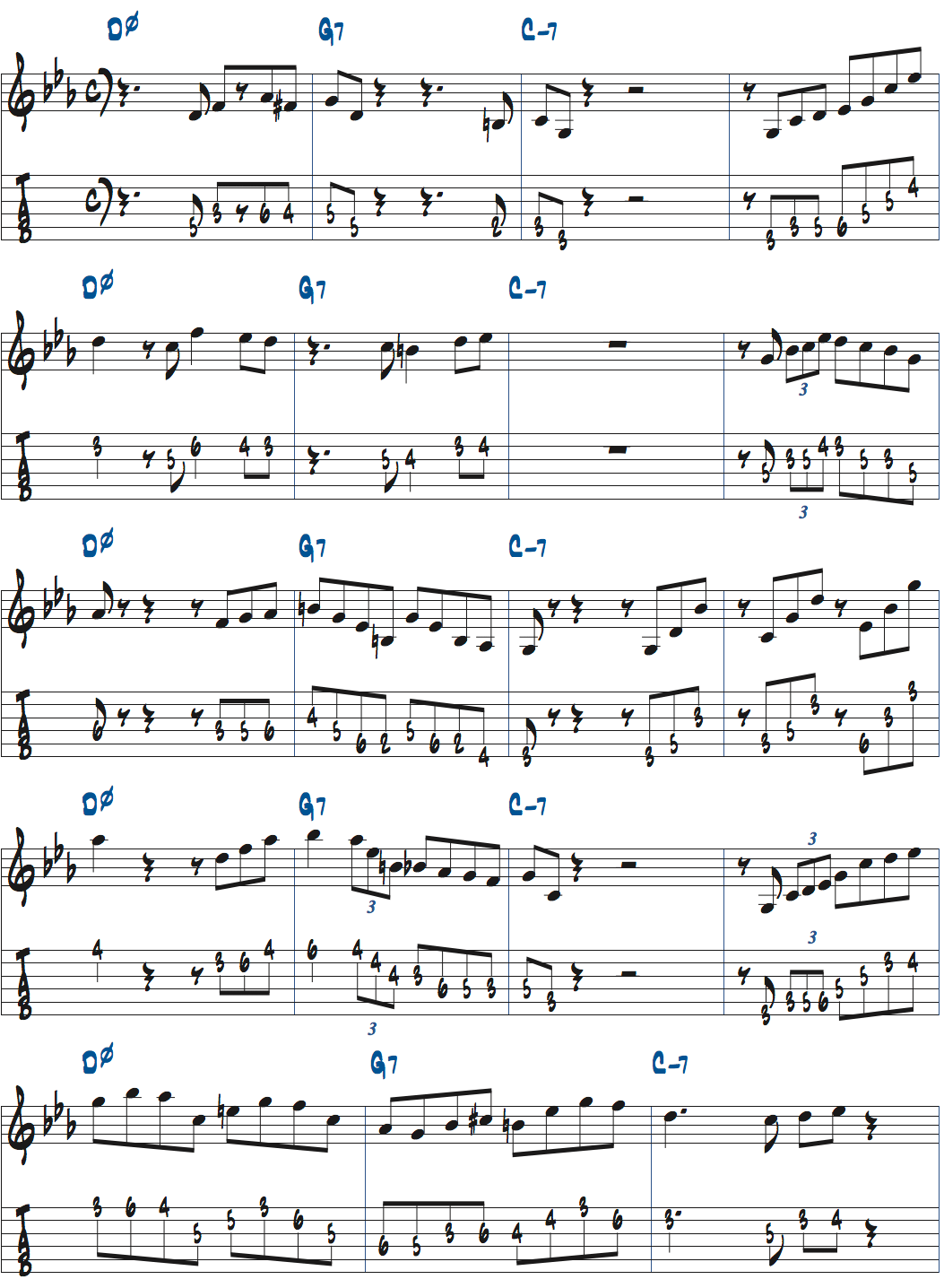 Dm7(b5)-G7-Cm7でのアドリブ例ページ1楽譜