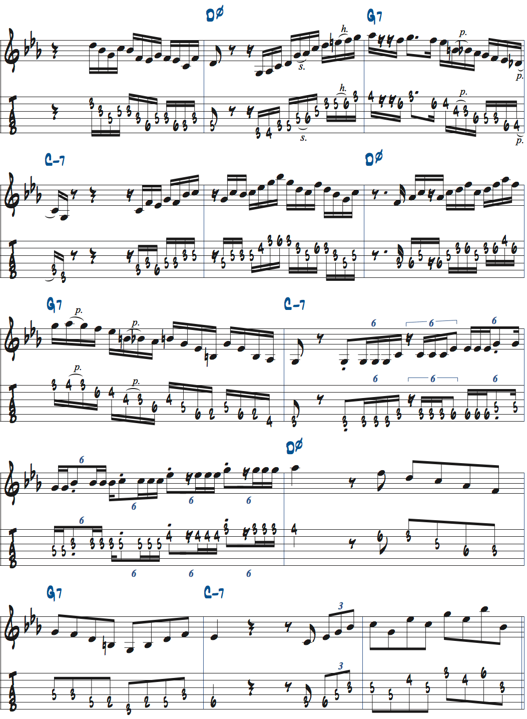 Dm7(b5)-G7-Cm7でのアドリブ例ページ2楽譜