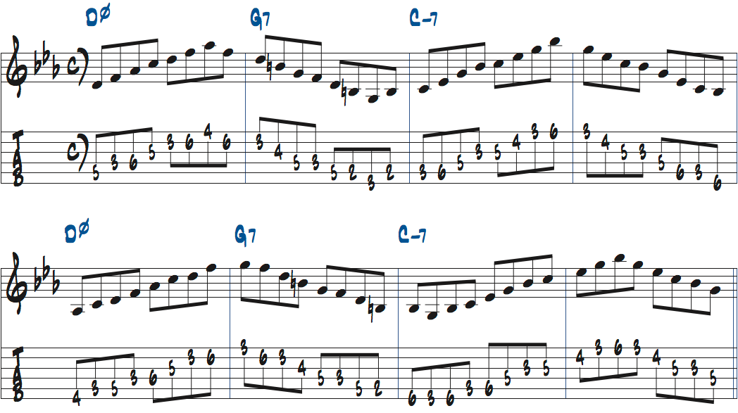Dm7(b5)-G7-Cm7の各コードトーンをスムーズにつなげる練習楽譜