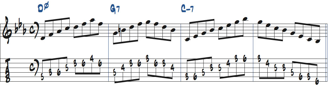 Dm7(b5)-G7-Cm7の各コードのルートからコードトーンを上昇させる練習楽譜