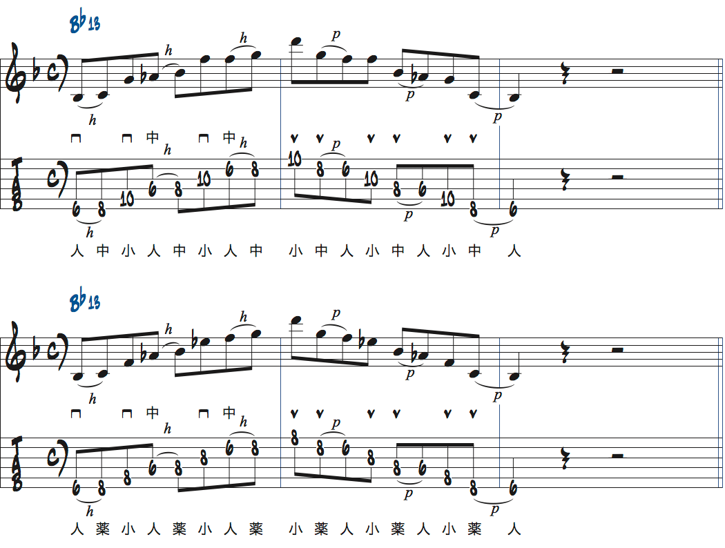 ティム・ミラーのハイブリッド・ピッキングを使ったBb13でのフレーズアイデア1楽譜