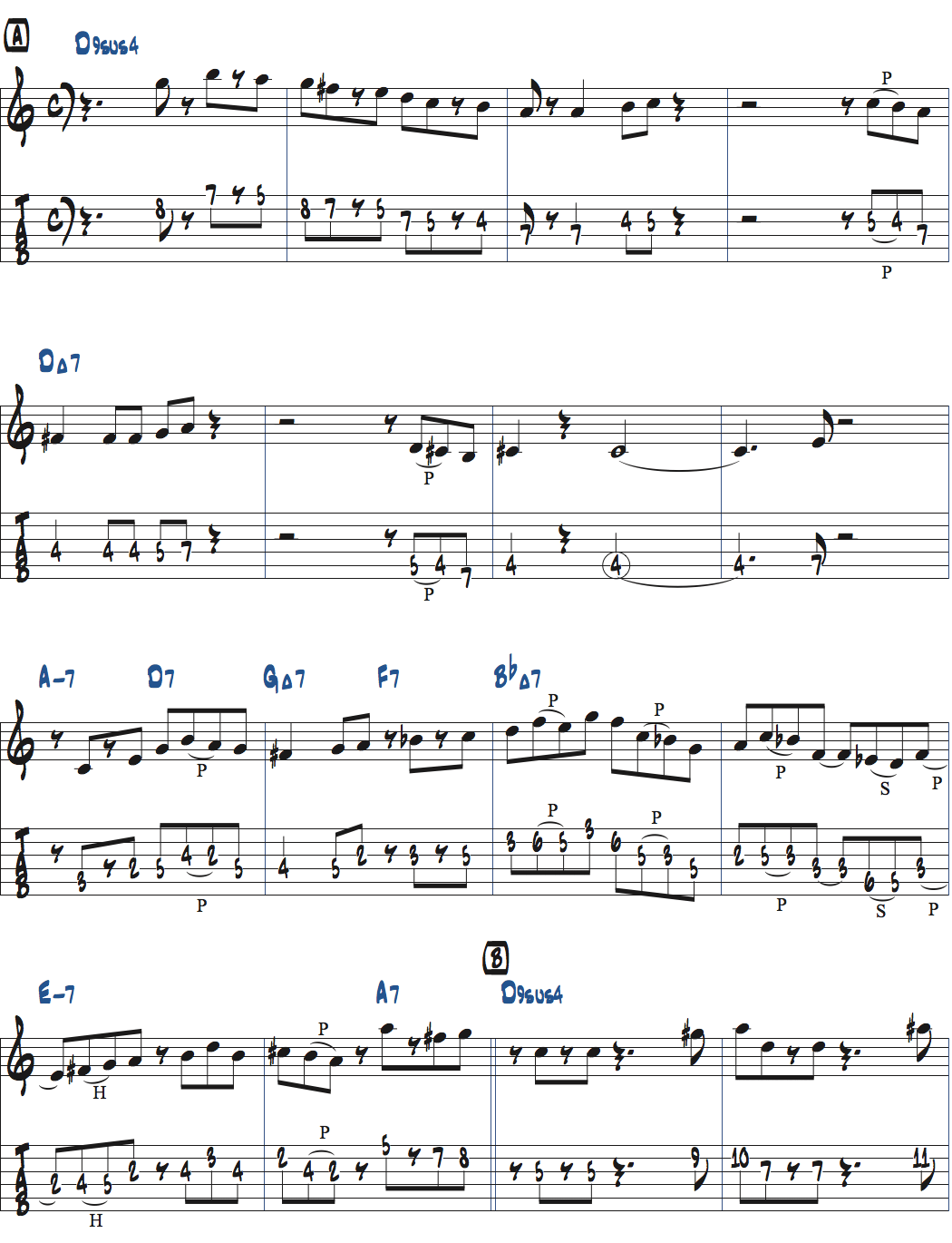 Yes or Noのコード進行を使ったアドリブ例ページ1楽譜