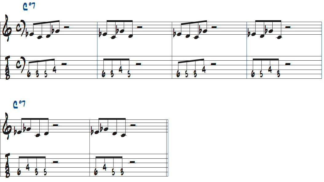 Cディミニッシュスケール4音パターンb3rd始まりタブ譜つき楽譜