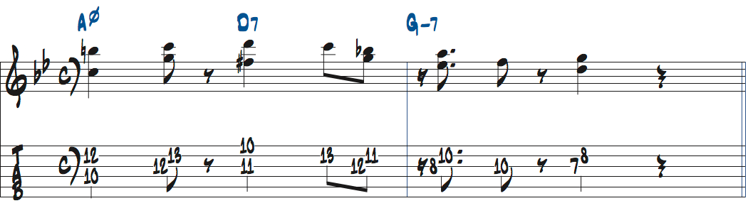コードソロの基礎練習Am7(b5)-D7-Gm7でのリック楽譜