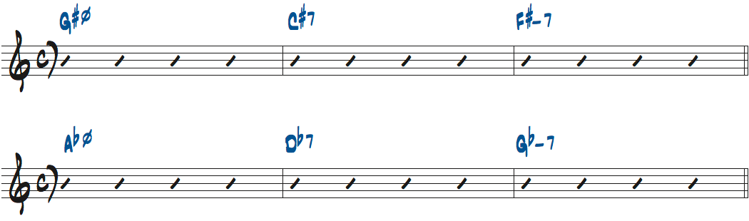G#m7(b5)-C#7-F#m7、Abm7(b5)-Db7-Gbm7楽譜