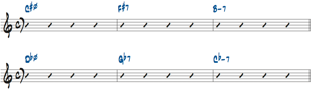 C#m7(b5)-F#7-B#m7、Dbm7(b5)-Gb7-Cbm7楽譜