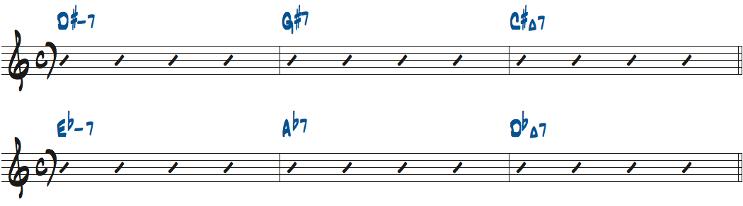 D#m7-G#7-C#Ma7、Ebm7-Ab7-DbMa7楽譜