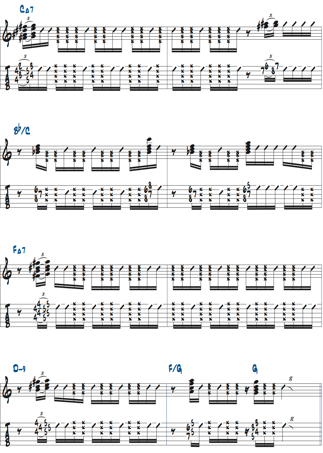 ポールジャクソンジュニアが弾くCMa7-Bb/C-FMa7-Dm9-F/G-Gのコードストローク楽譜ページ2
