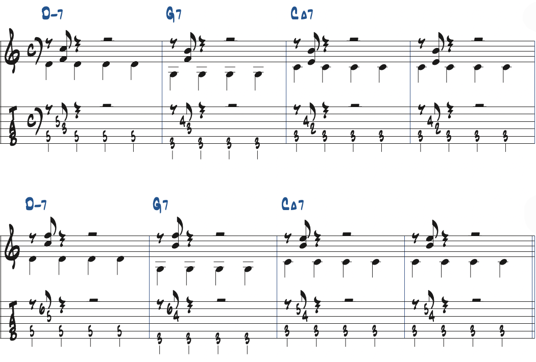 II-V-Iのウォーキングベースにルートにコードを加えた楽譜