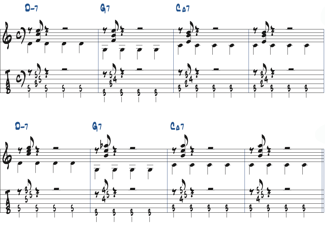II-V-Iのウォーキングベースにテンションコードを加えた楽譜