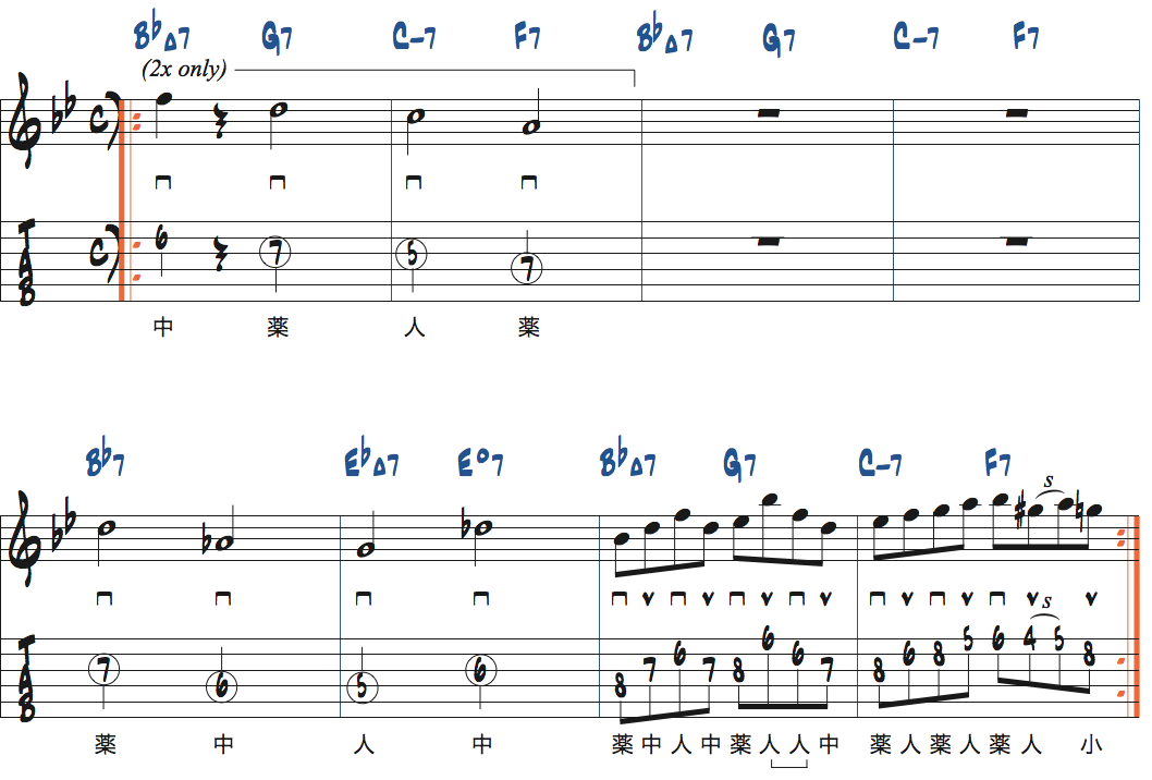 BbメジャーI-VI-II-Vポジション4リック3の前後にコードトーンの2分音符を追加する練習楽譜