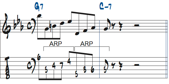 G7-Cm7リックのアプローチノートをアルペジオにアレンジした楽譜2