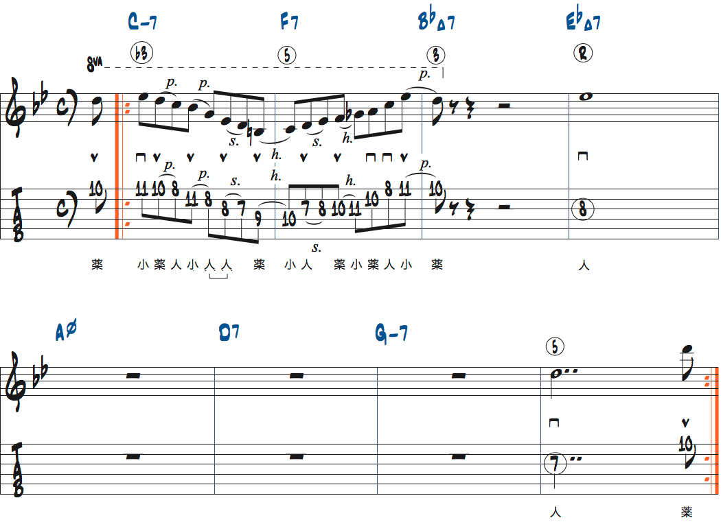 Bbメジャー251リックポジション5-2を枯葉で使う練習2楽譜