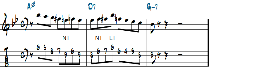 V7を先取！クロマチックアプローチを使ったマイナーII-V-Iリックの分析２楽譜