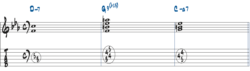 Dm7-G9(b13)-CmMa7のコード進行楽譜