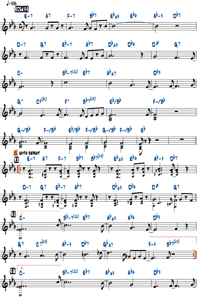 ジョン・コルトレーン作曲Moment's Noticeのメロディとコードネーム1楽譜