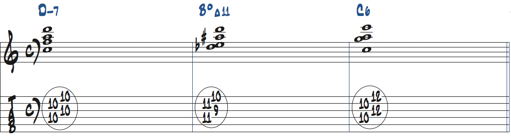 Dm7-BdimMa11(11 for b5)-C6のコード進行をドロップ2で弾く楽譜