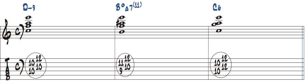 Dm9-BdimMa7(11forb3)-C6のコード進行をドロップ2で弾く楽譜