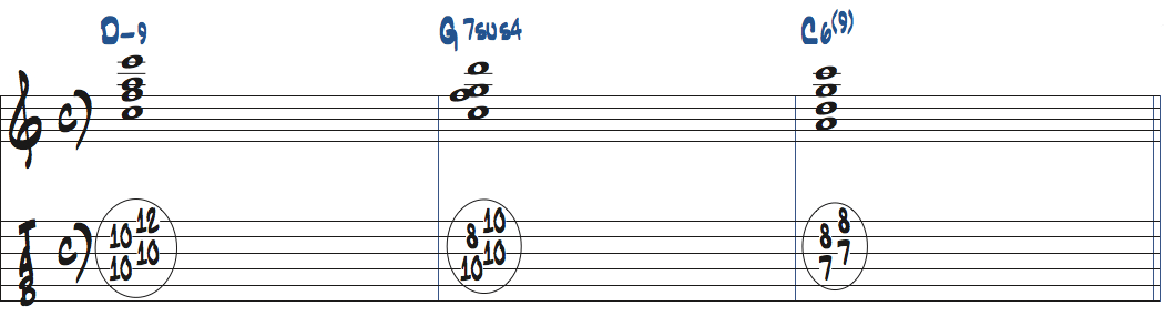 Dm9-G7sus4-C6(9)のコード進行をドロップ2で弾く楽譜