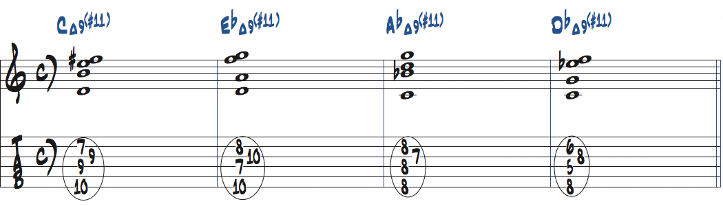 Ma9(#11)コードのドロップ3をCMa9(#11)-EbMa9(#11)-AbMa9(#11)-DbMa9(#11)で使った楽譜